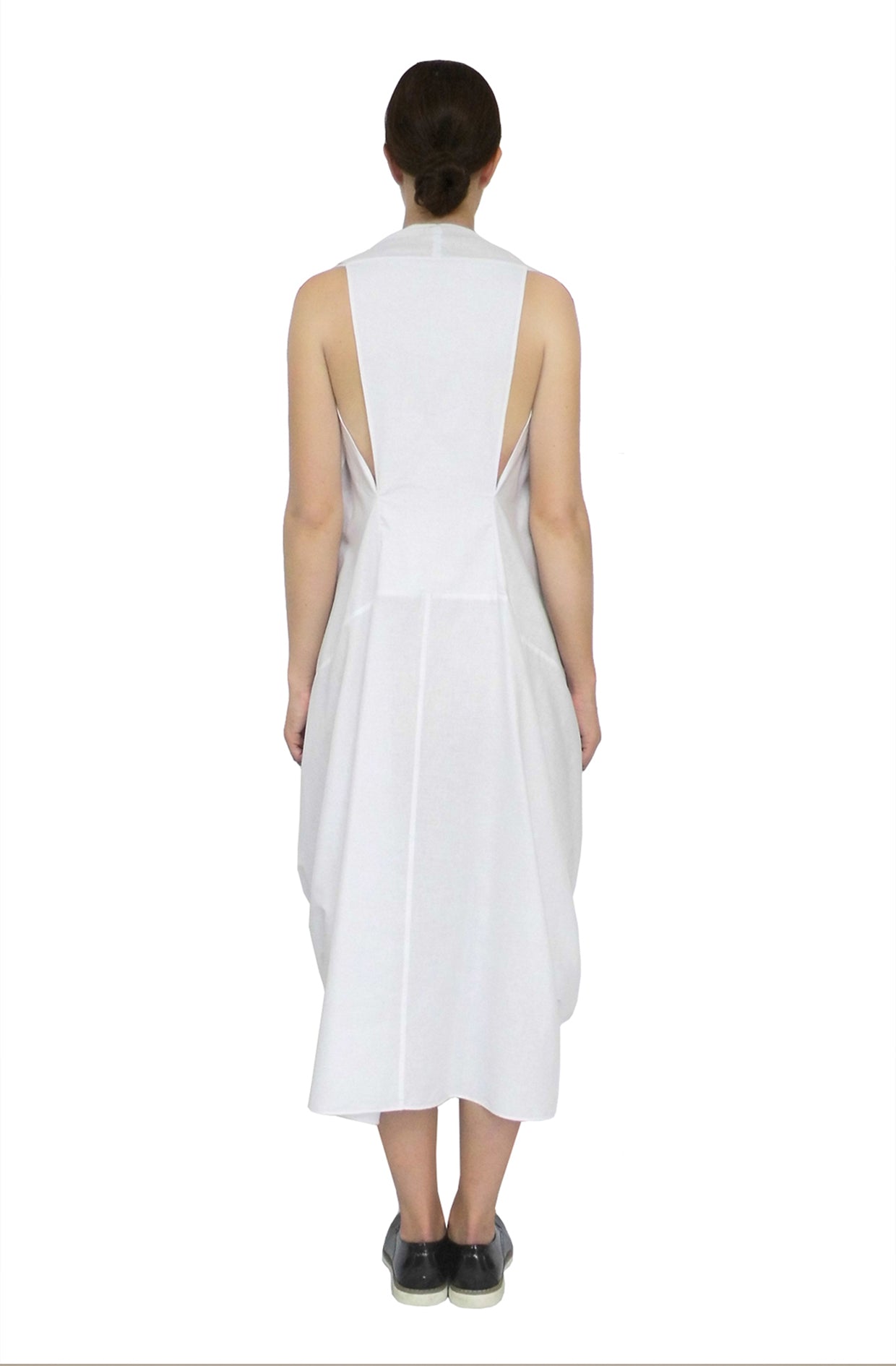 Knotted dress white back view showing draping, zero-waste luxury midi made-to-order UK
