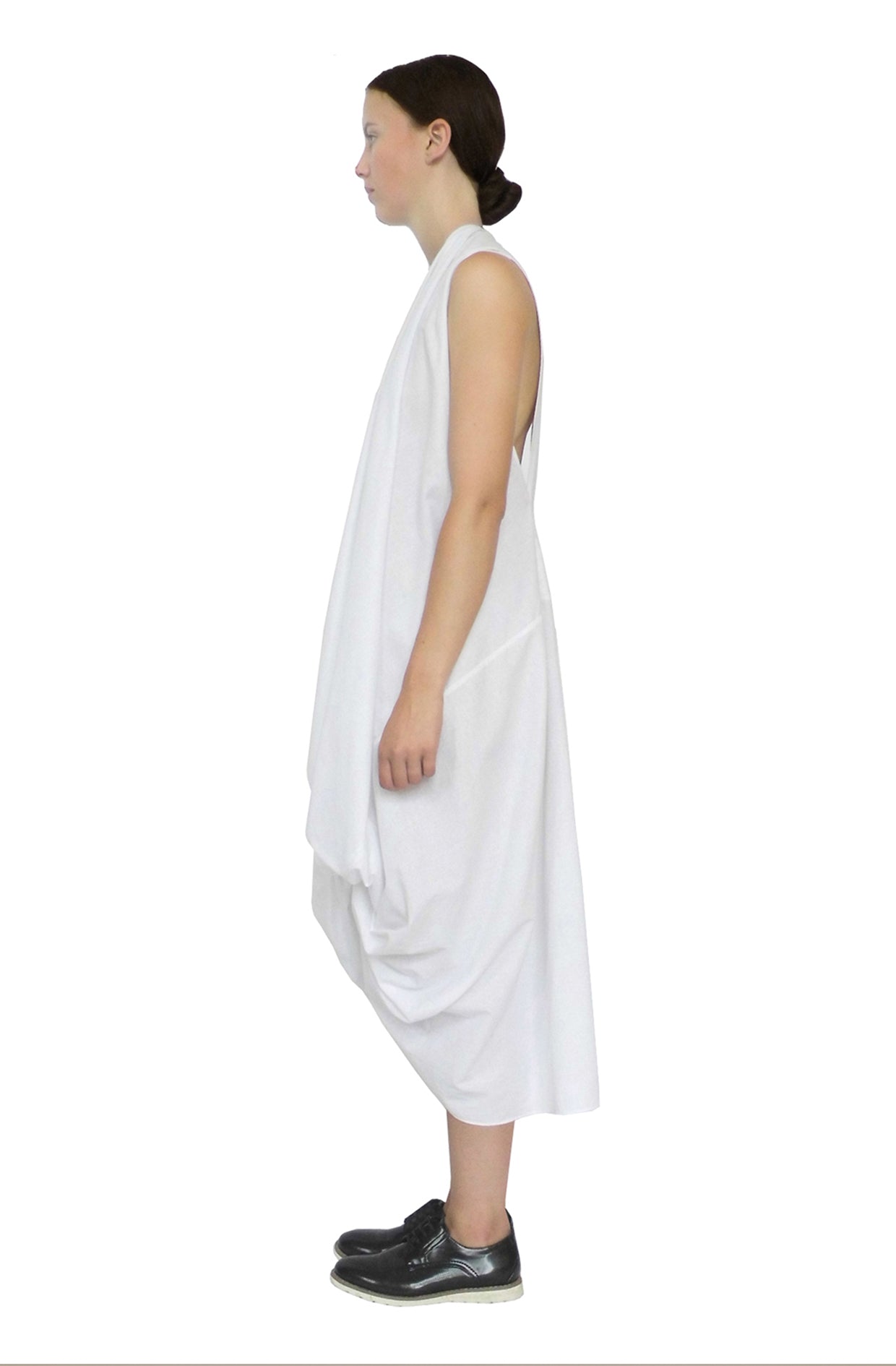 White knotted dress side view with good luck knot, zero-waste cotton made-to-order UK