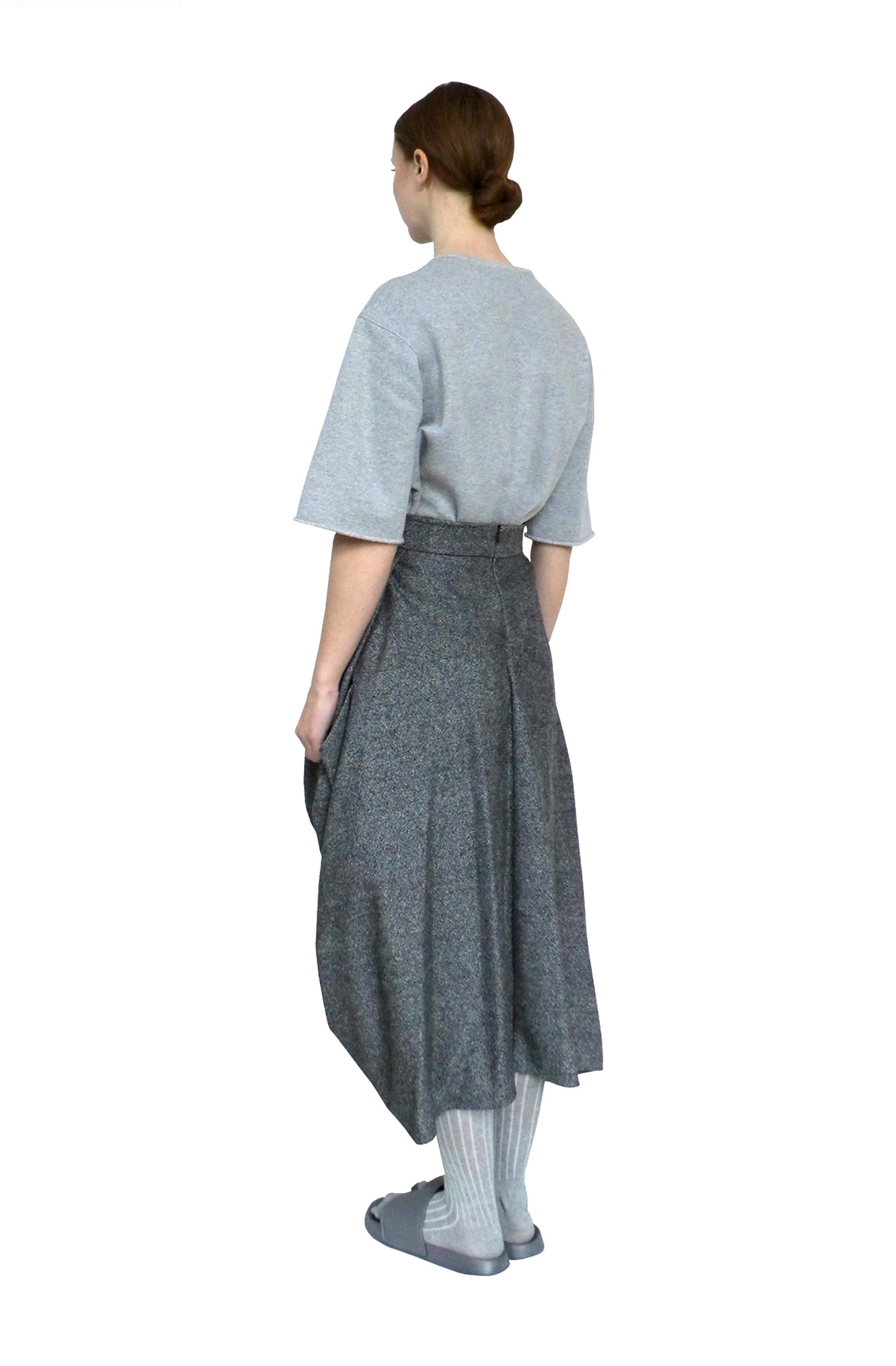 zero waste draped grey wool skirt in grey merino yorkshire wool from Yorkshire