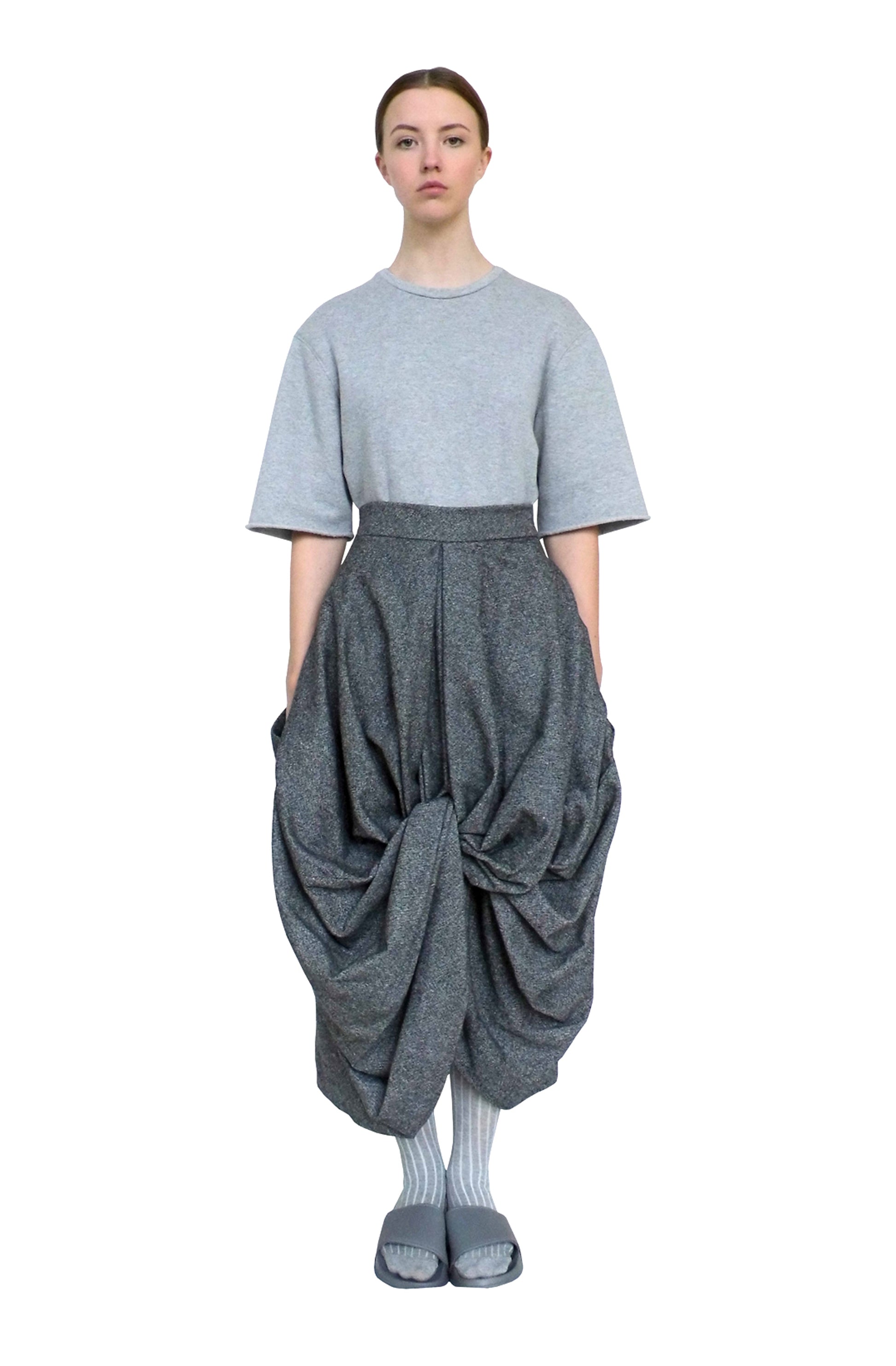 Zero waste contemporary long-length drape skirt with voluminous Yorkshire wool good luck knot