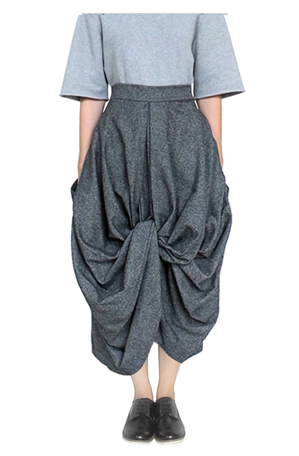 Beautiful draped knot skirt made in a wearable, zero-waste, sustainable design with pockets