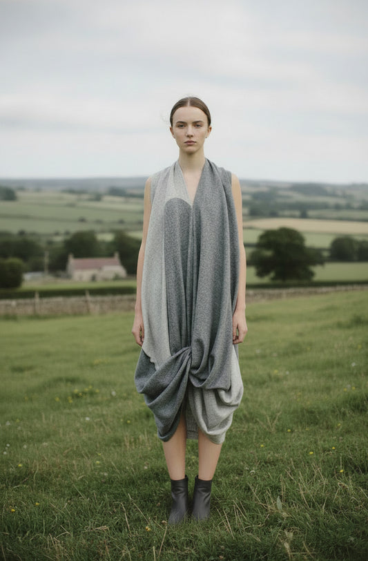 Luxury zer-waste knotted grey wool dress made in yorkshire wool by Cunnington & Sanderson in UK