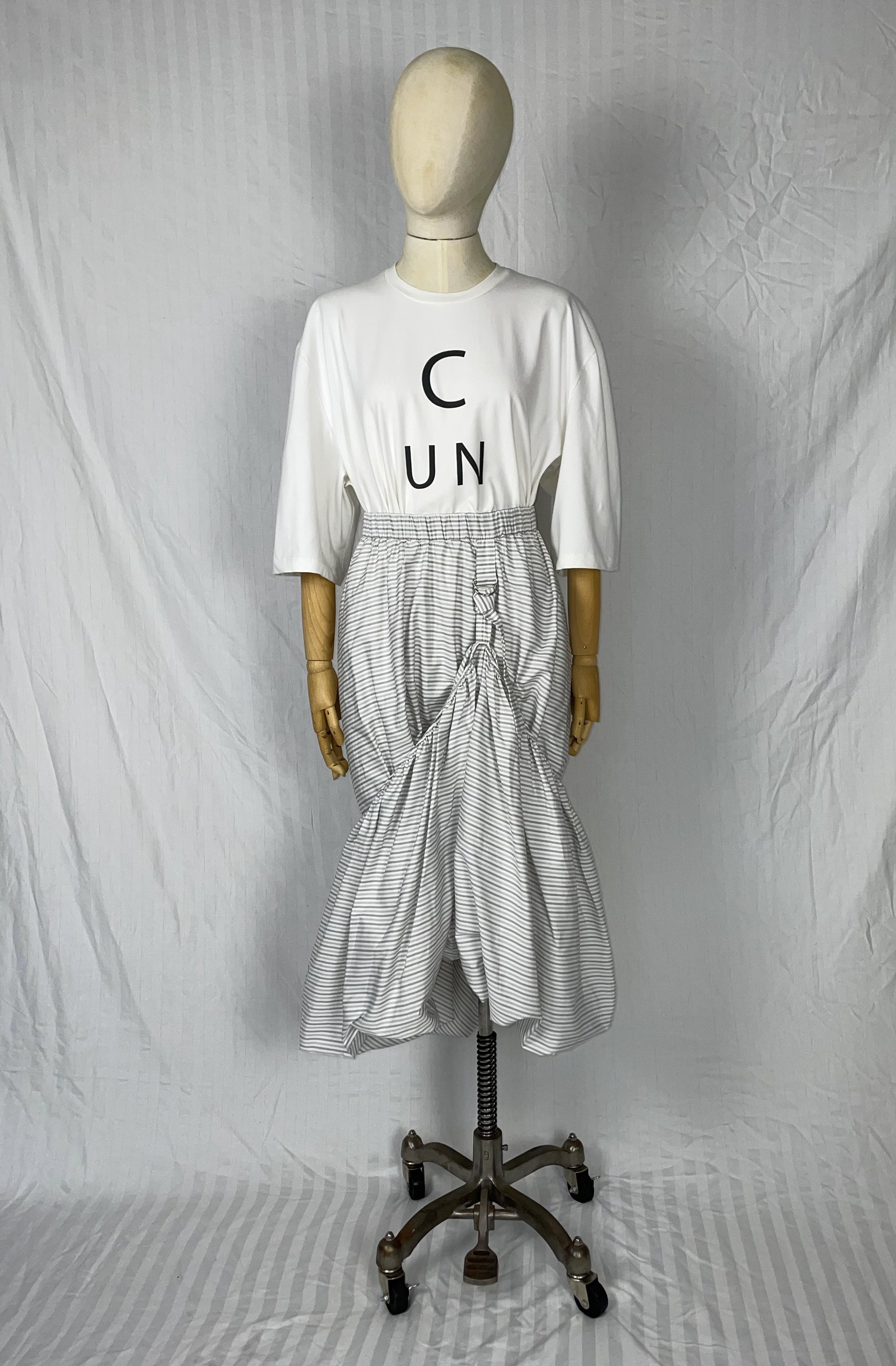 Laundry skirt grey striped cotton styled with tee, sustainable luxury fashion UK