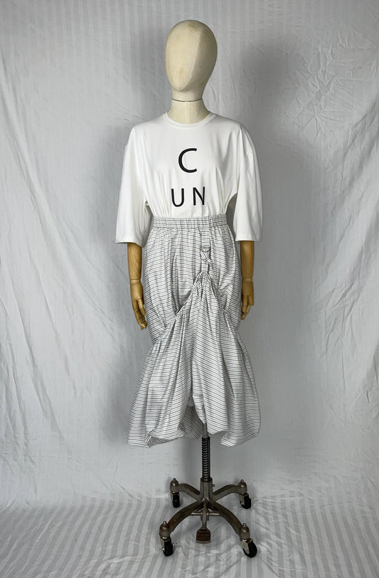 Laundry skirt grey striped cotton styled with tee, sustainable luxury fashion UK