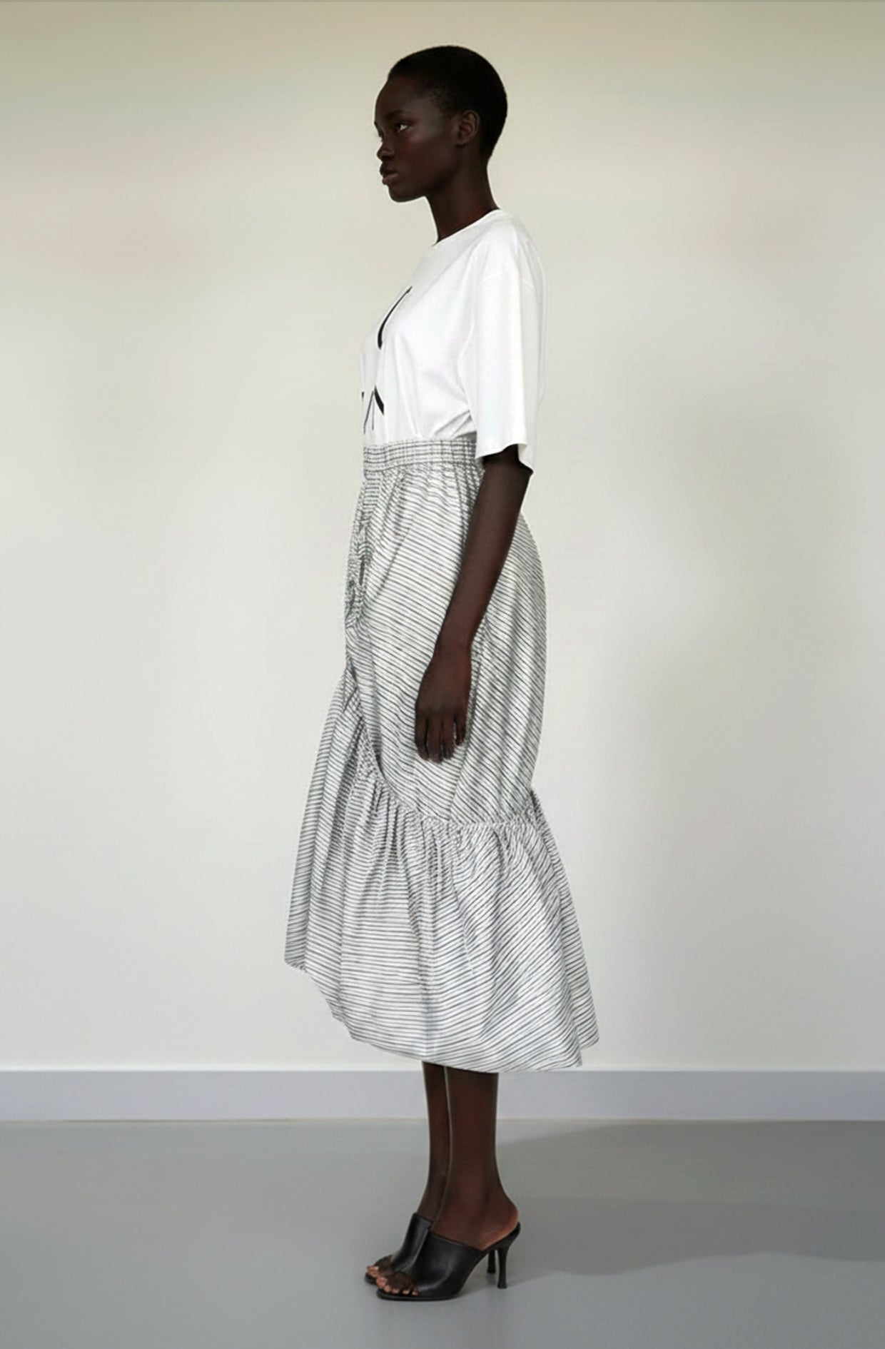 Laundry skirt with elasticated waist and adjustable height made in deadstock grey cotton in UK