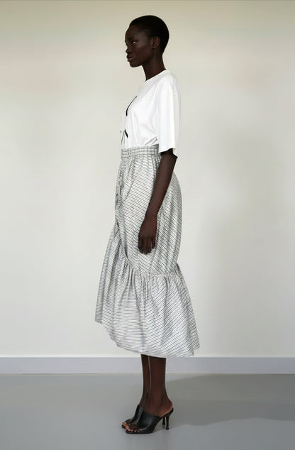Laundry skirt with elasticated waist and adjustable height made in deadstock grey cotton in UK