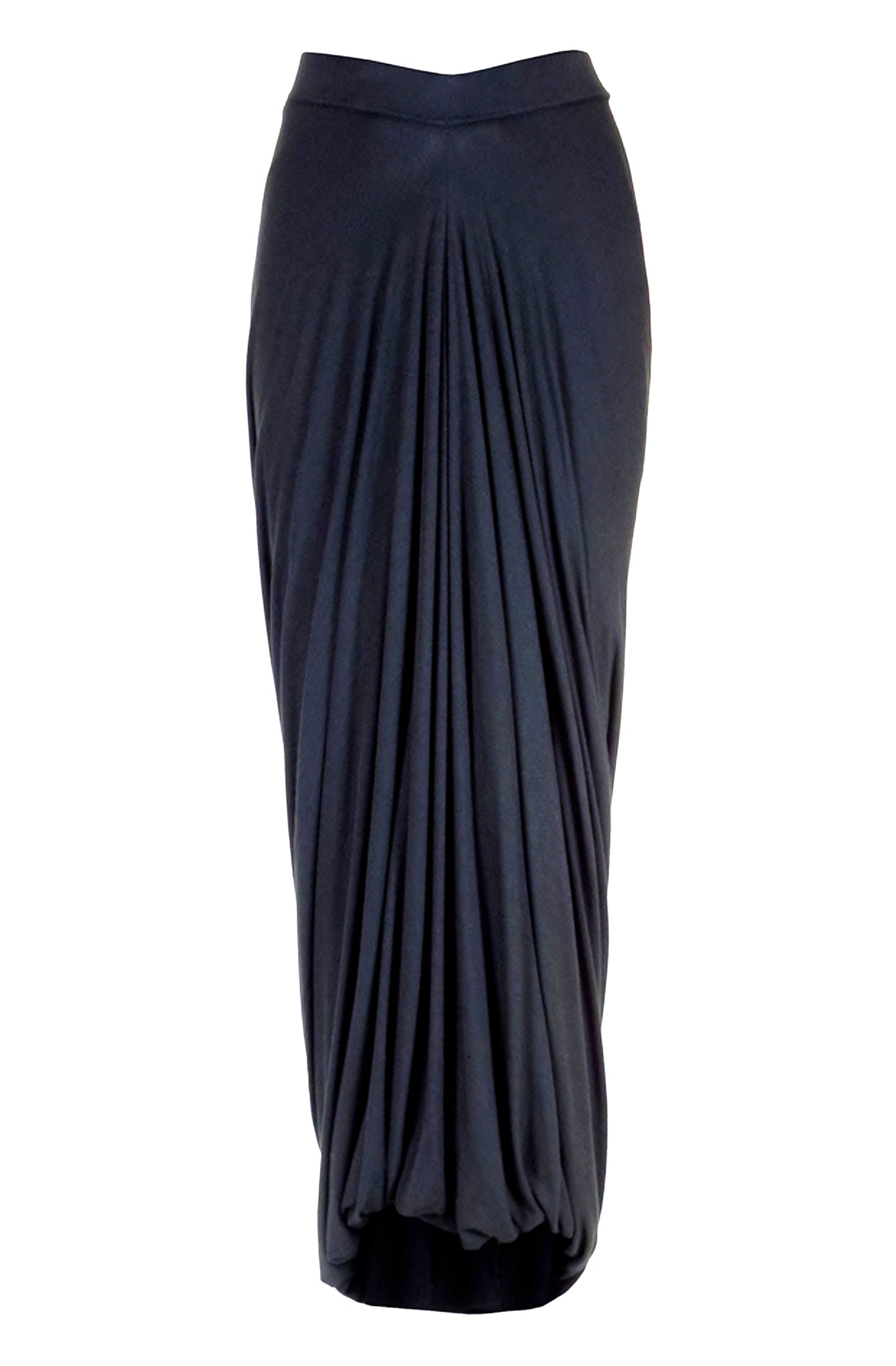 Loop skirt back view showing raised hemline and gathered detail, zero-waste sustainable design