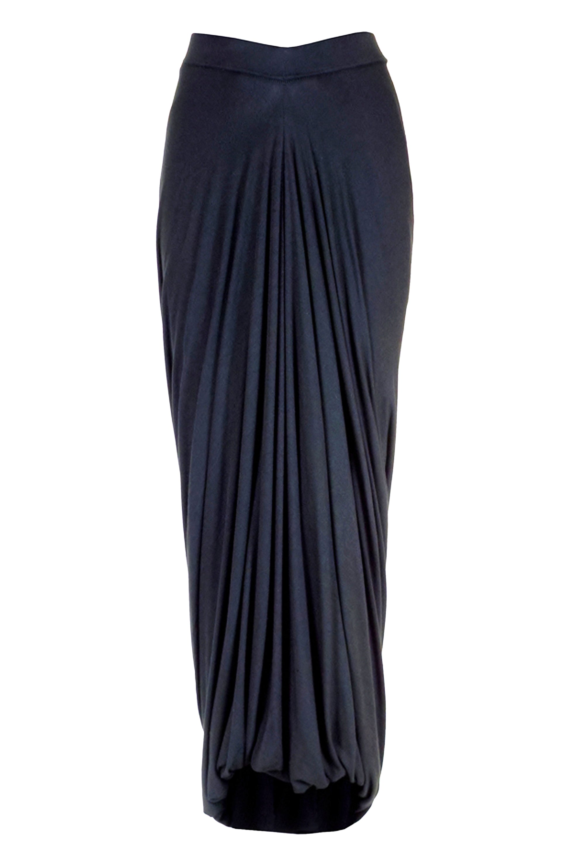 Loop skirt back view showing raised hemline and gathered detail, zero-waste sustainable design
