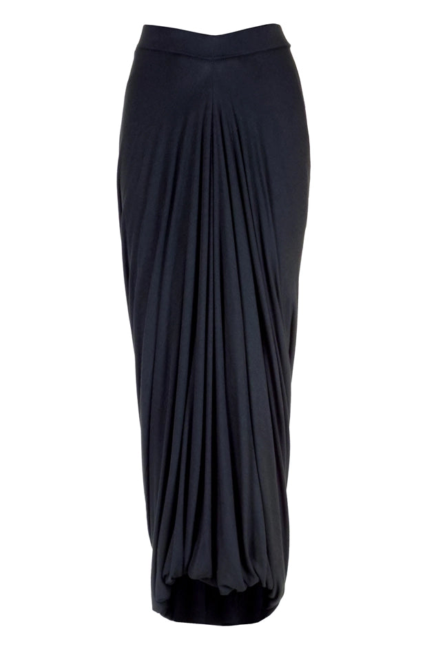 Black draped elegant skirt  back view on a white background