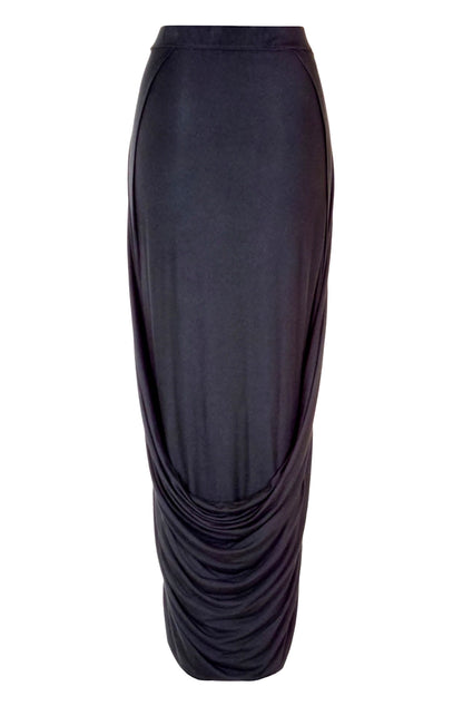 Zero-waste black loop skirt with cocoon silhouette, sustainable UK-made viscose jersey midi skirt