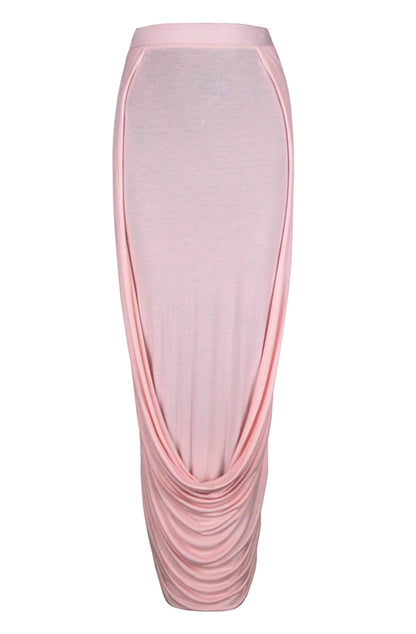 Pink loop skirt full length showing cocoon silhouette, sustainable viscose jersey made-to-order