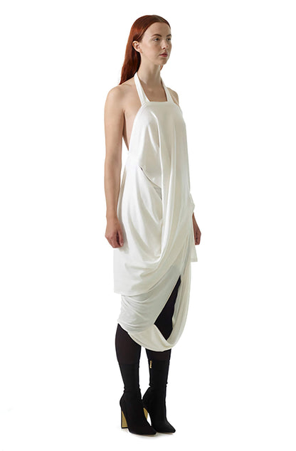 Missing skirt side view showing asymmetric cutout detail, zero-waste eco-fashion UK