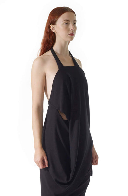 Missing top in black organic cotton, zero waste design close up detail