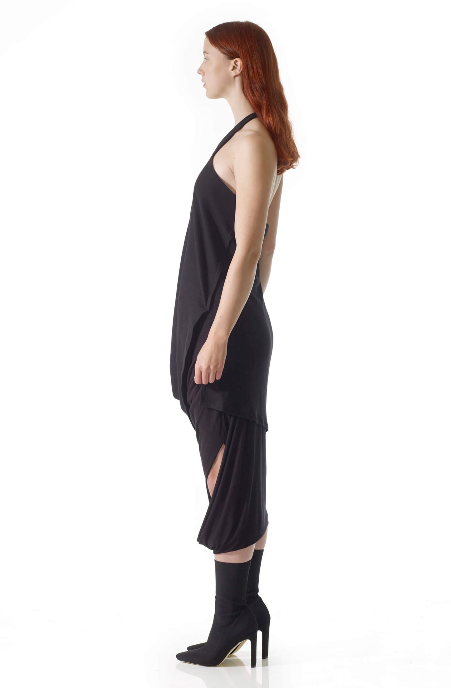 Black missing top side view halterneck with cutout, zero-waste organic cotton made-to-order UK