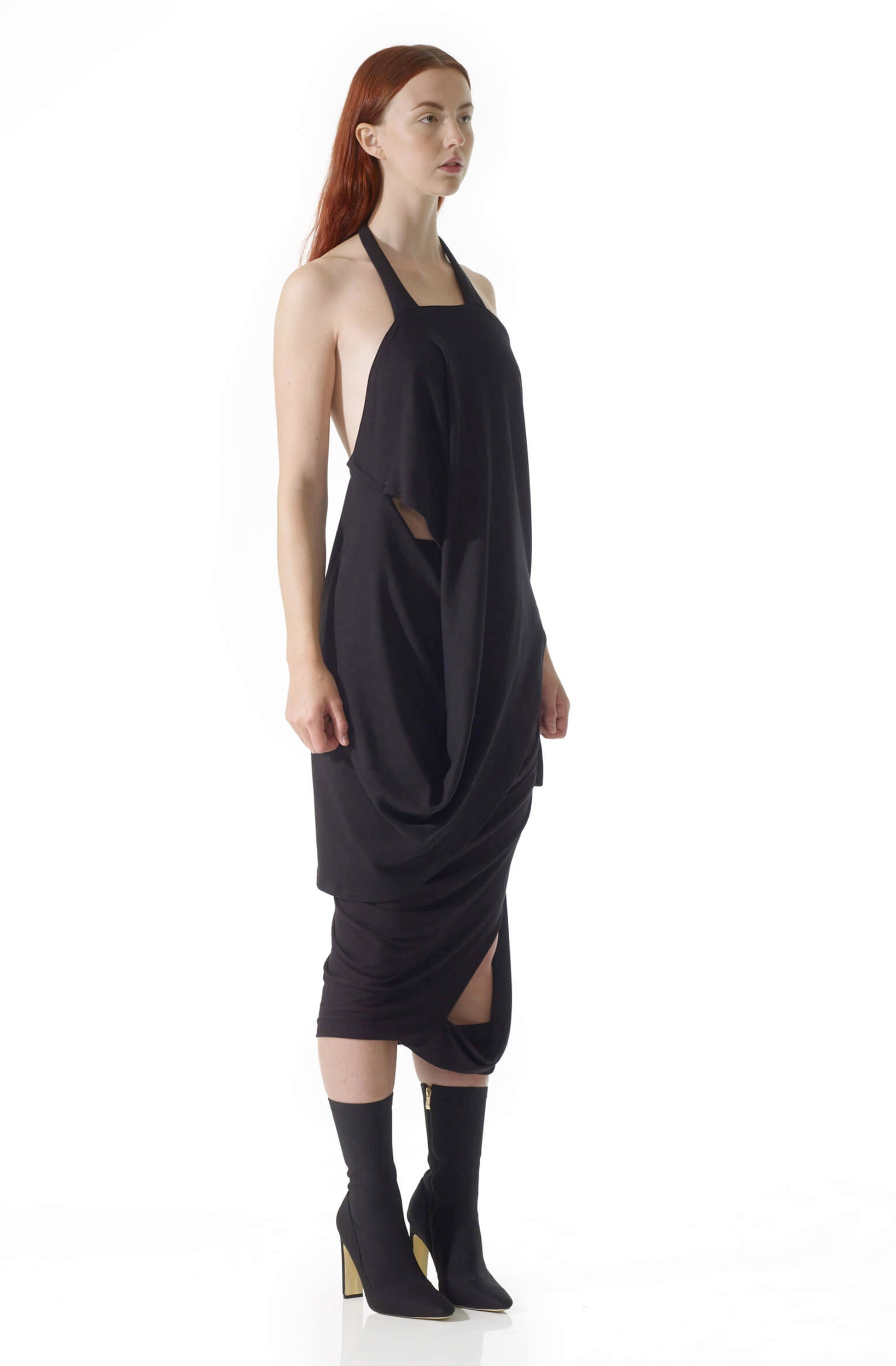 Black missing top side view, halterneck style with cutout, zero-waste organic cotton made in UK