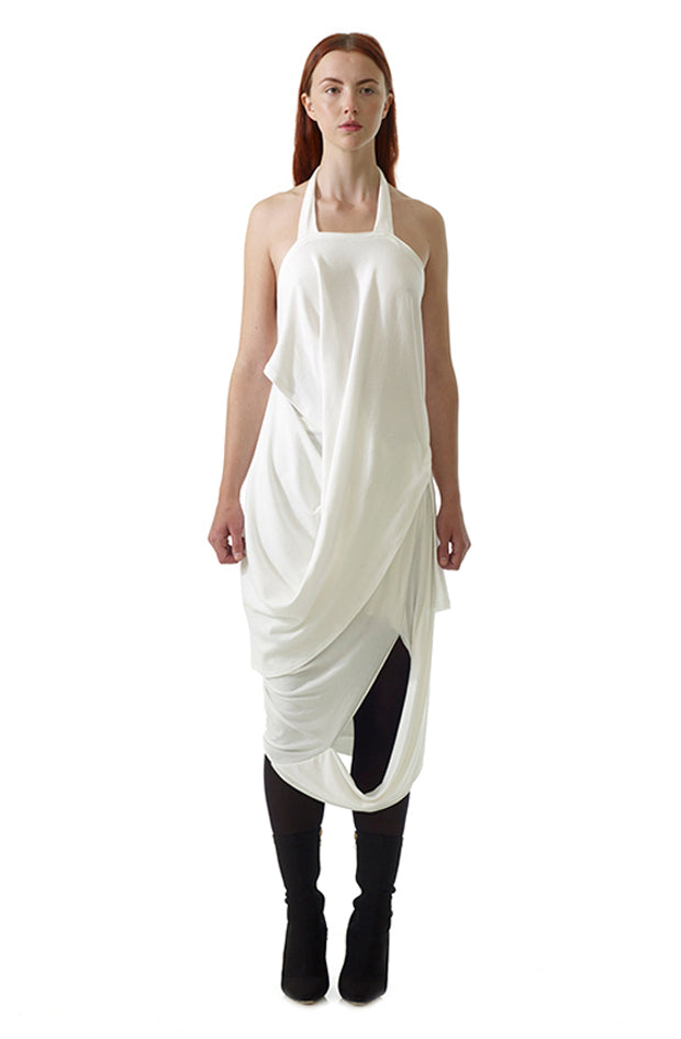white drape missing skirt wearable art that is sustainable and zero waste design with revealing open section