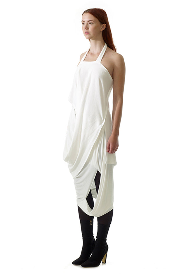 model wears cunnington & sanderson white drape missing skirt a zero waste sustainable design
