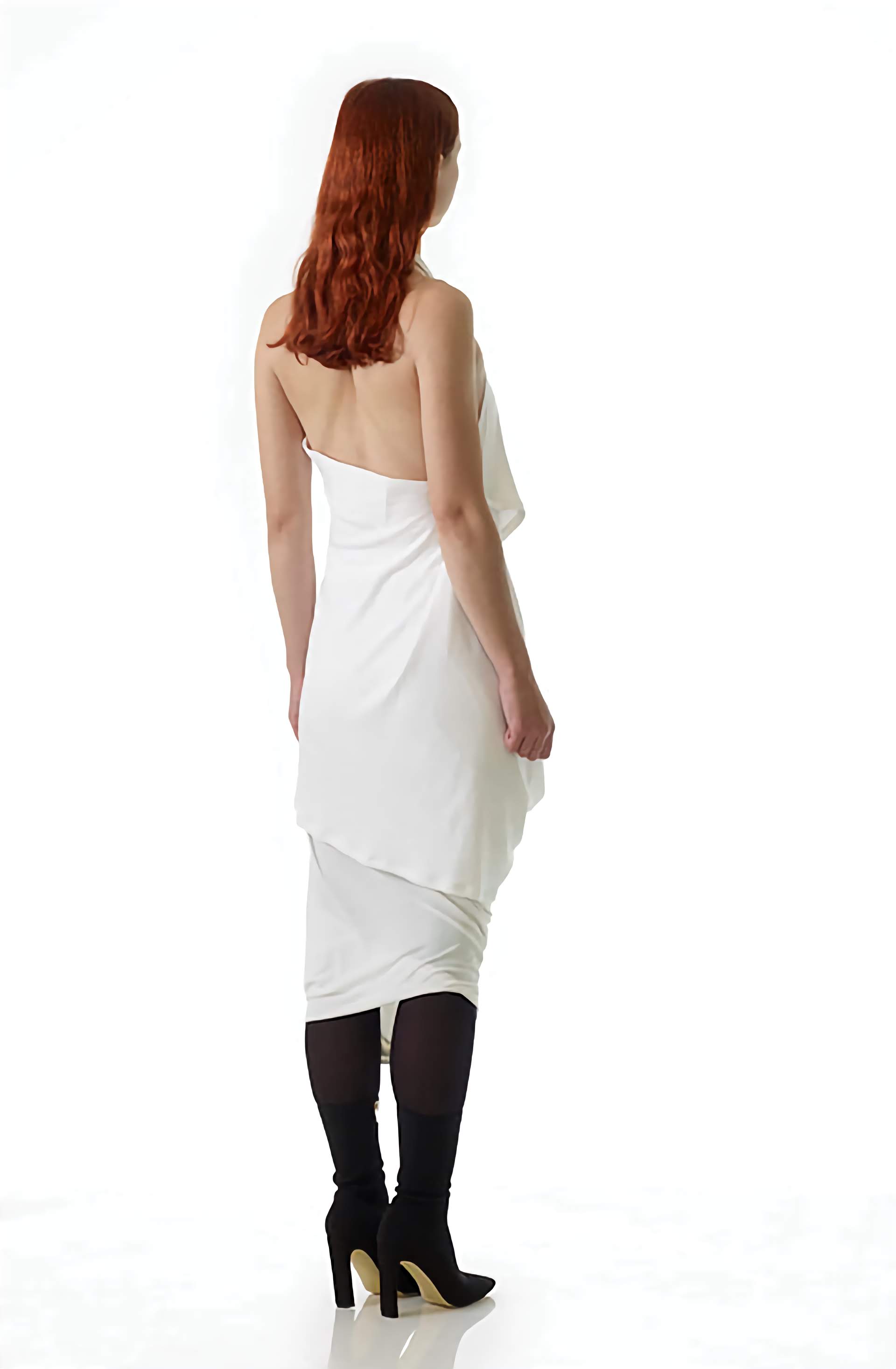 Asymmetric back view of the designer halter neck artistic top, luxury, sustainable attire