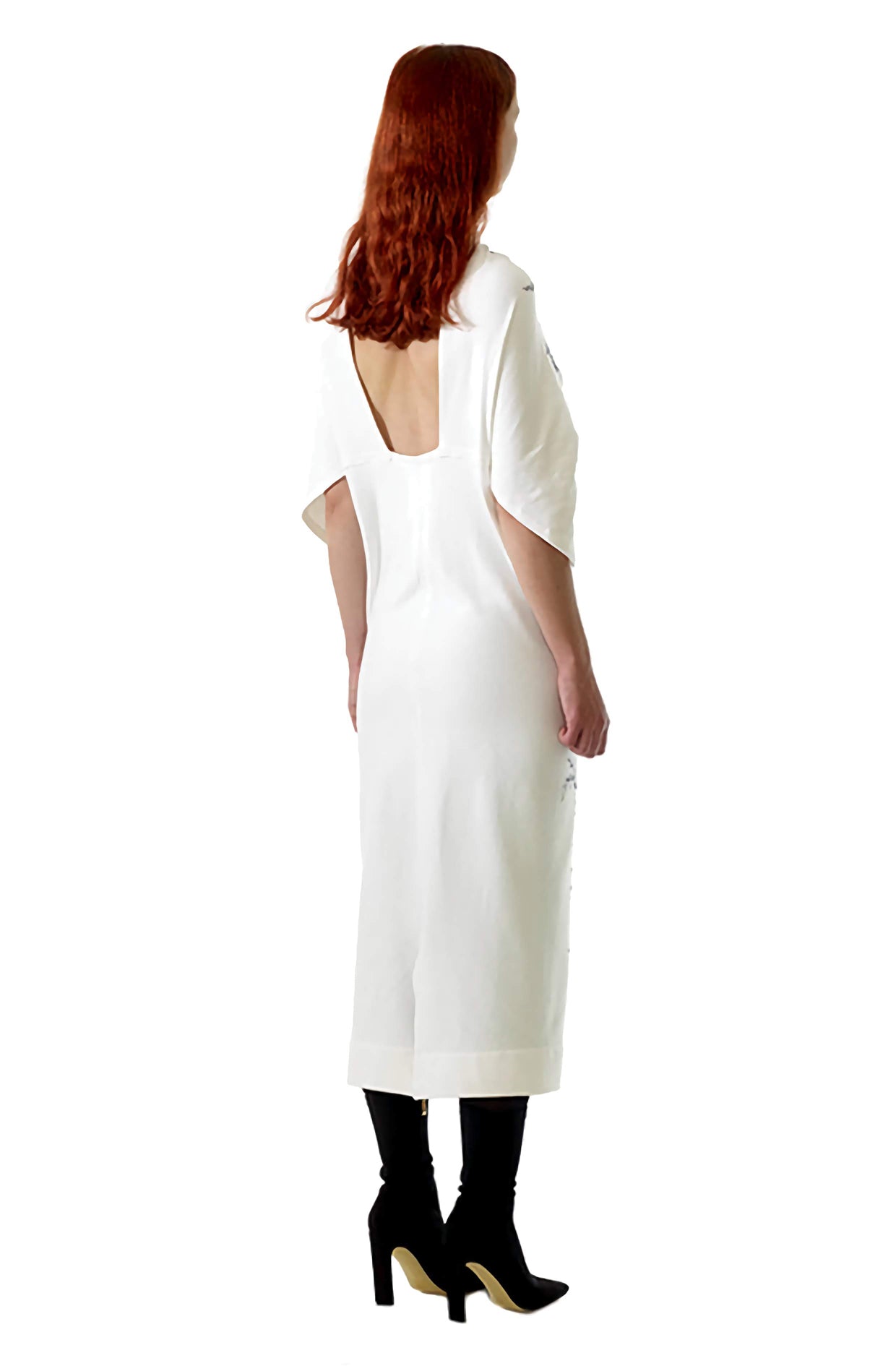 Zero-waste organic cotton nettle print dress with open back and kimono sleeves, sustainable luxury made-to-order in UK