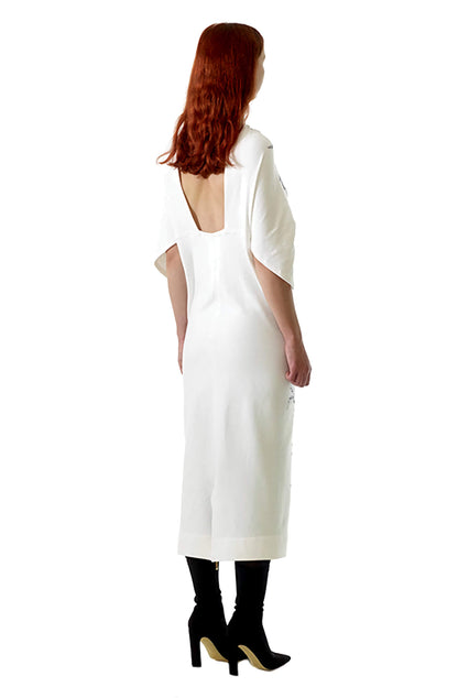 Zero-waste organic cotton nettle print dress with open back and kimono sleeves, sustainable luxury made-to-order in UK