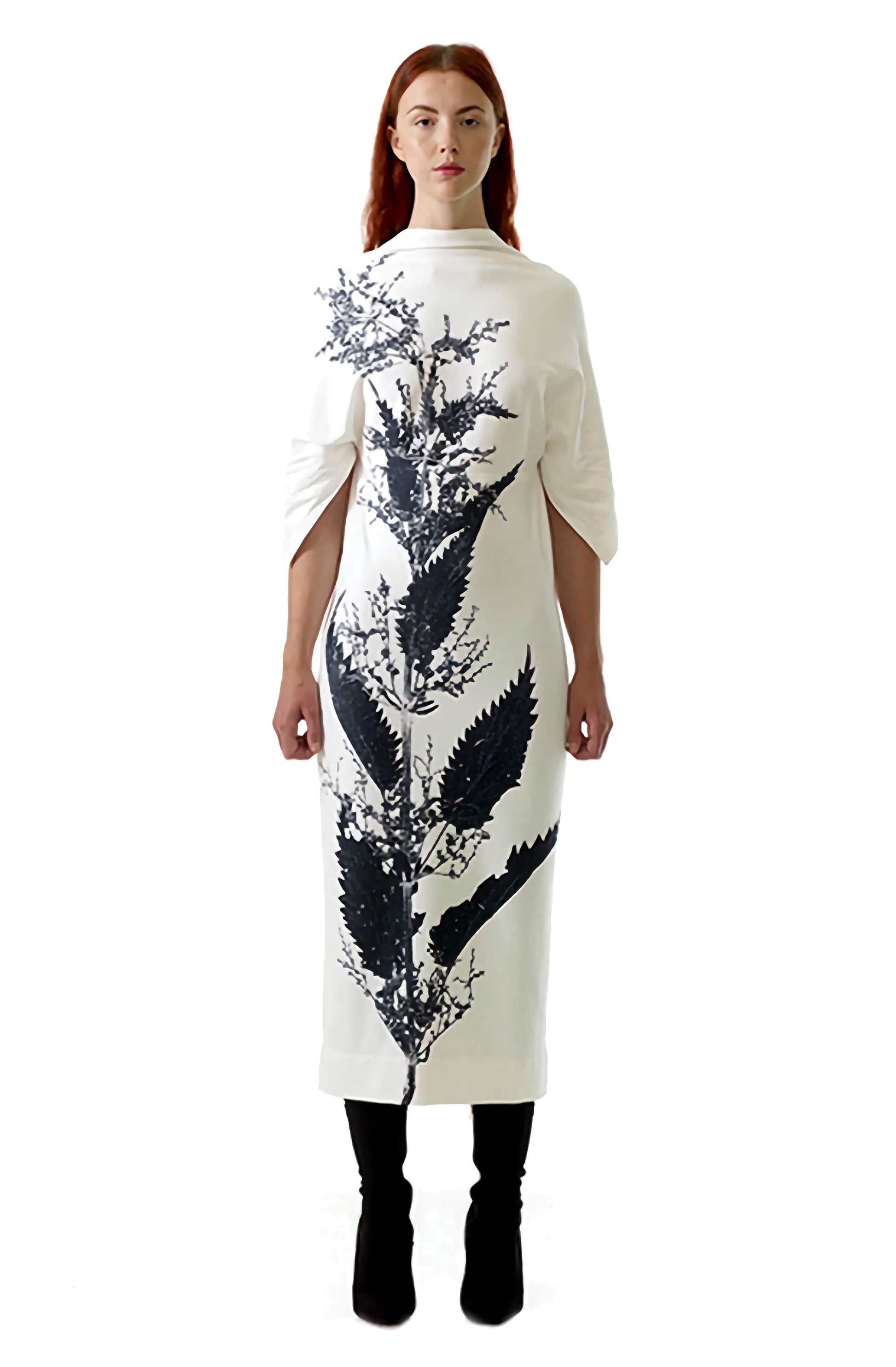 Long luxurious nettle print dress skillfully crafted from a zero-waste design promoting sustainability