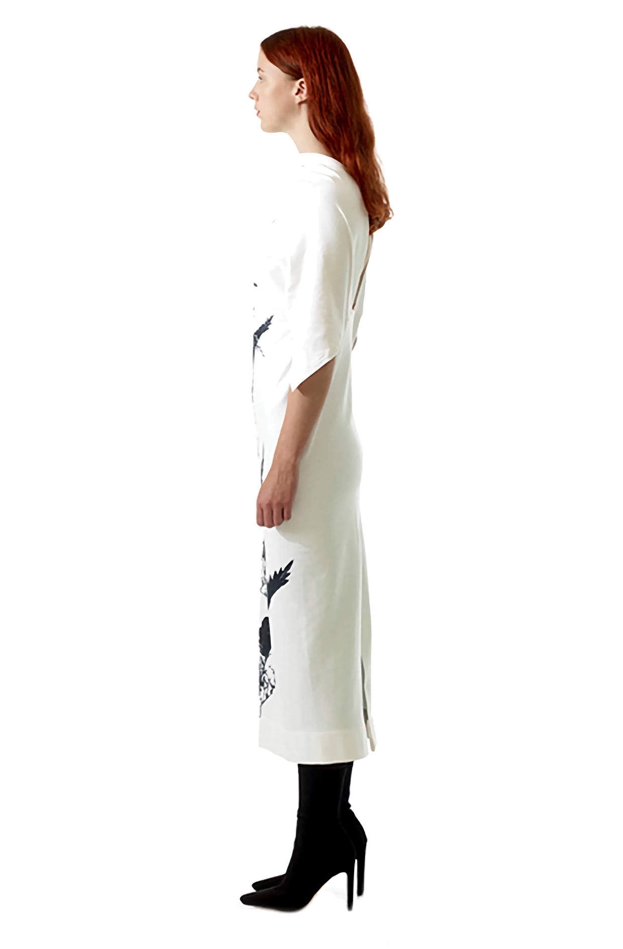 Zero-waste organic cotton nettle print dress with kimono sleeves and open back, sustainable luxury made-to-order in UK