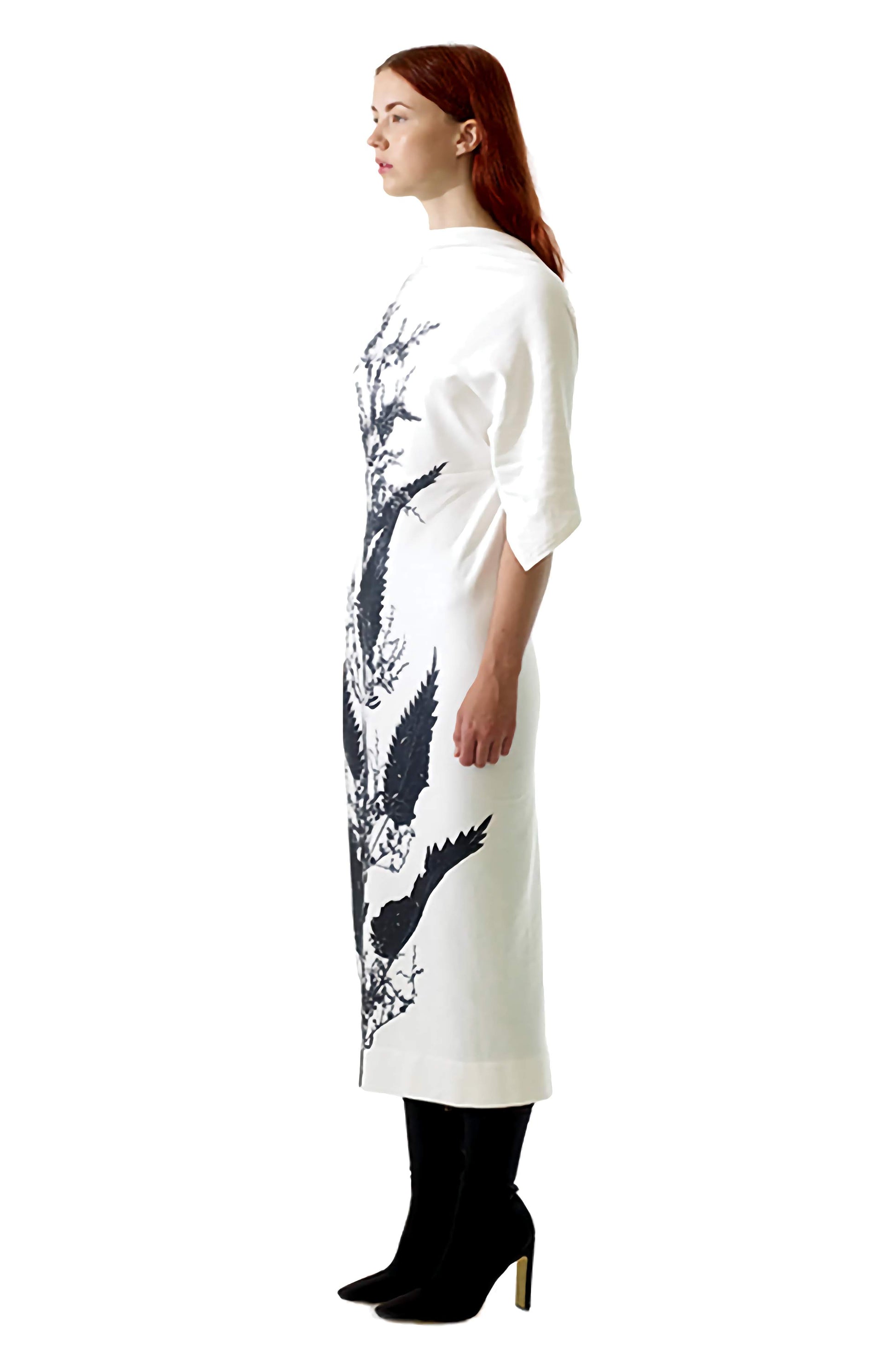 Designer nettle print dress with a unique fashion narrative of sustainability and timeless style