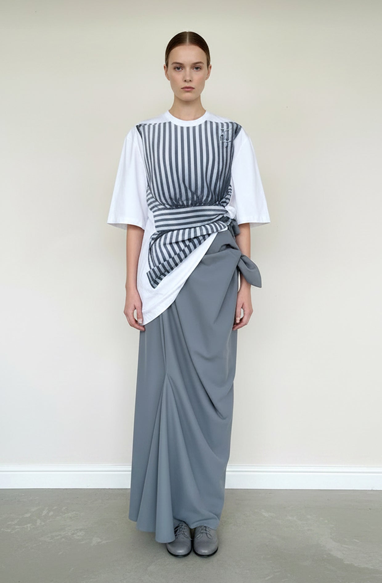 One Two Maxi Skirt grey draped floor-length silhouette with knot detail, zero-waste wool, made to order UK — Cunnington & Sanderson