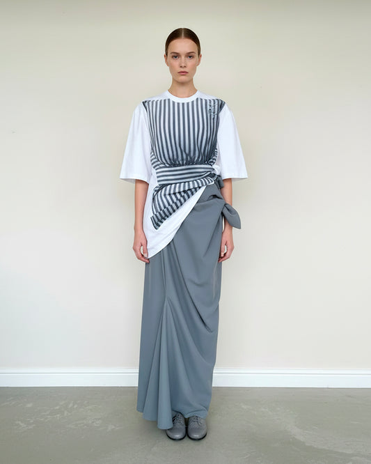 One Two Maxi Skirt grey draped floor-length silhouette with knot detail, zero-waste wool, made to order UK — Cunnington & Sanderson