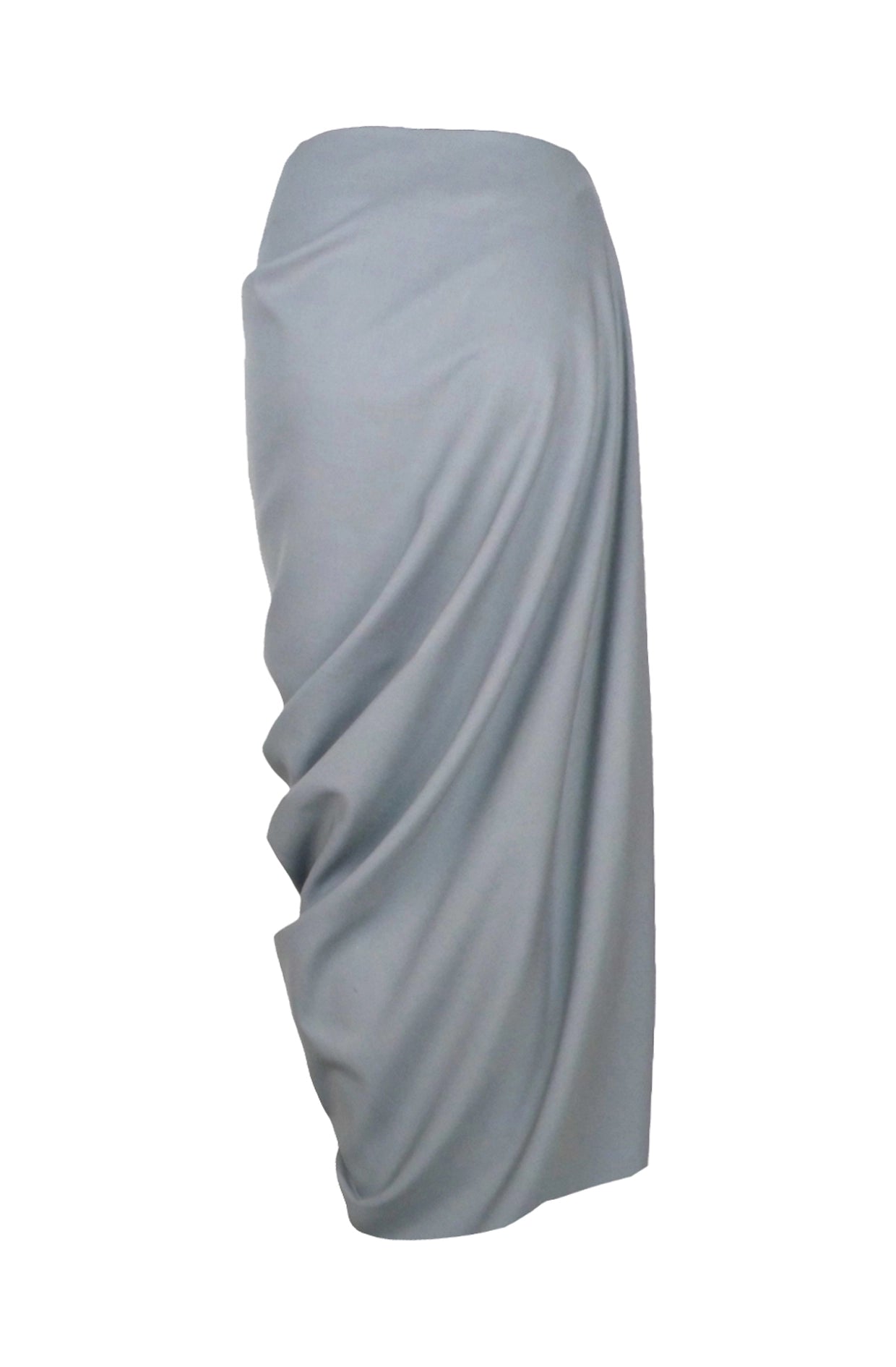 One two skirt back view showing draped silhouette, zero-waste grey Yorkshire fabric made-to-order UK