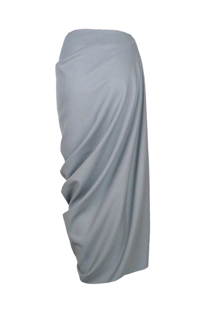 One two skirt back view showing draped silhouette, zero-waste grey Yorkshire fabric made-to-order UK