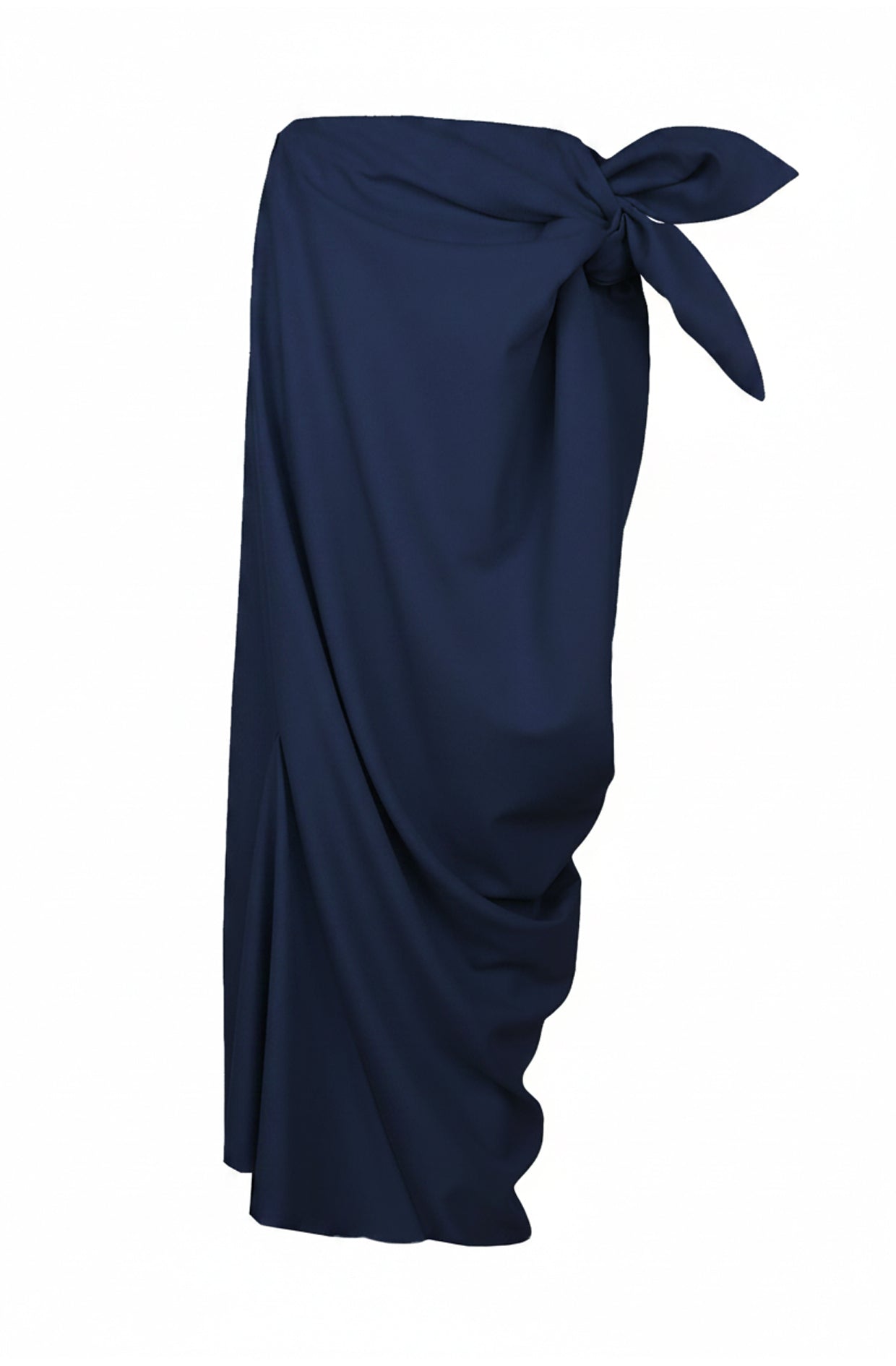 Navy blue draped zero-waste skirt with a knot made in UK by Cunnington & Sanderson