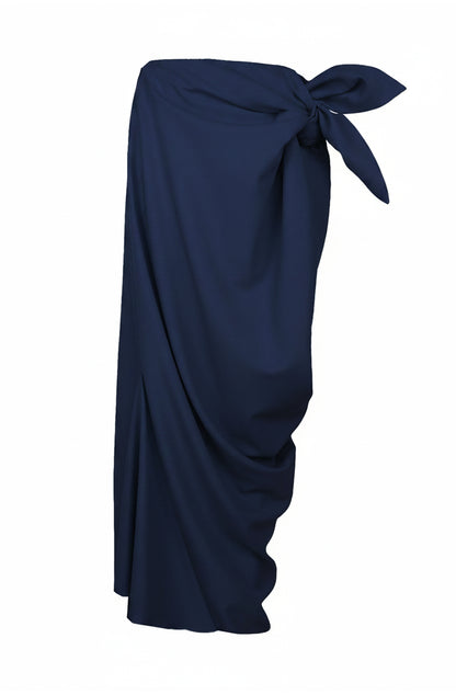 Navy blue draped zero-waste skirt with a knot made in UK by Cunnington & Sanderson
