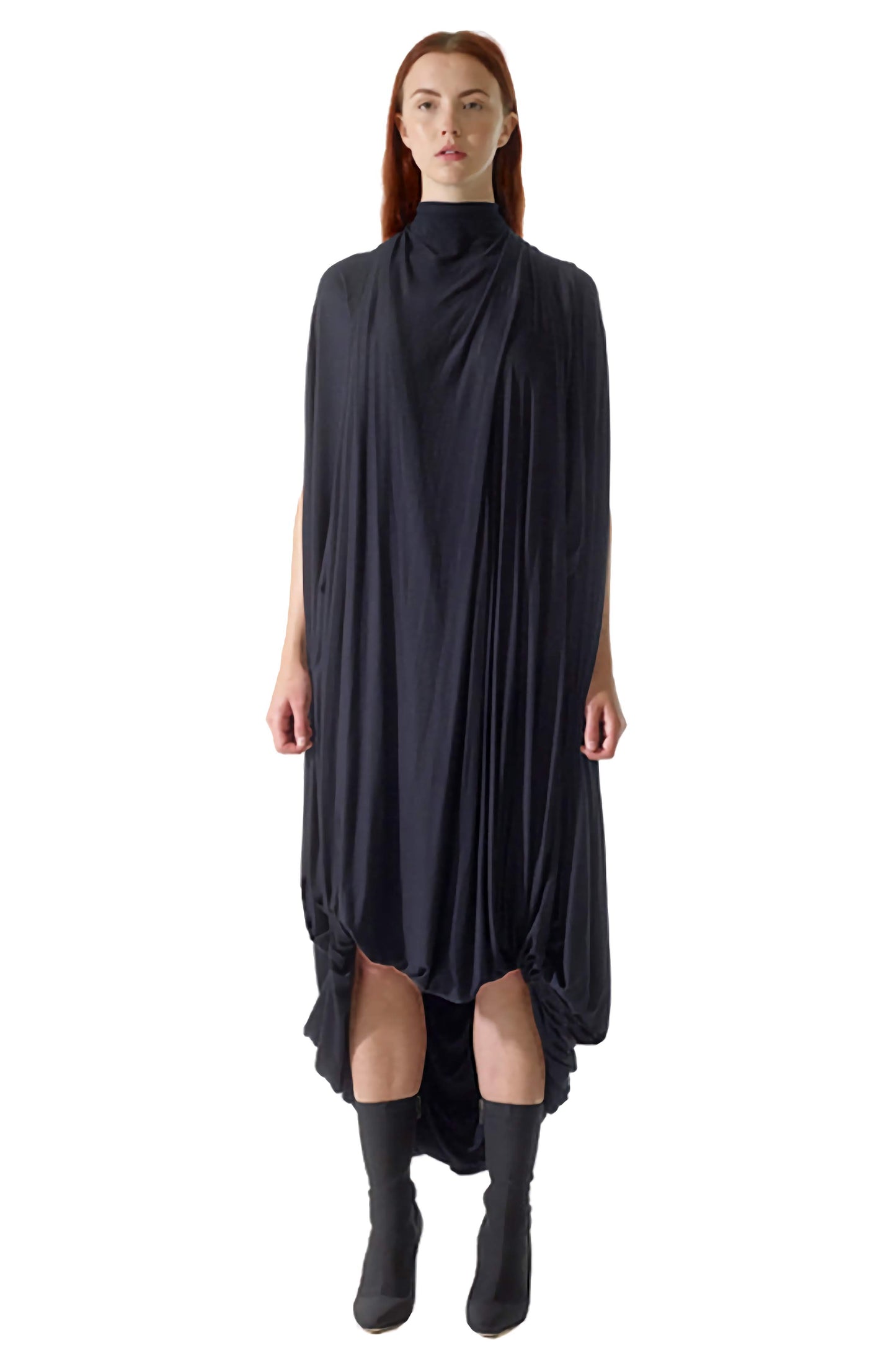 Long dramatic black draped dress in one size fits all, made with a unique zero waste sustainable design promoting slow fashion.