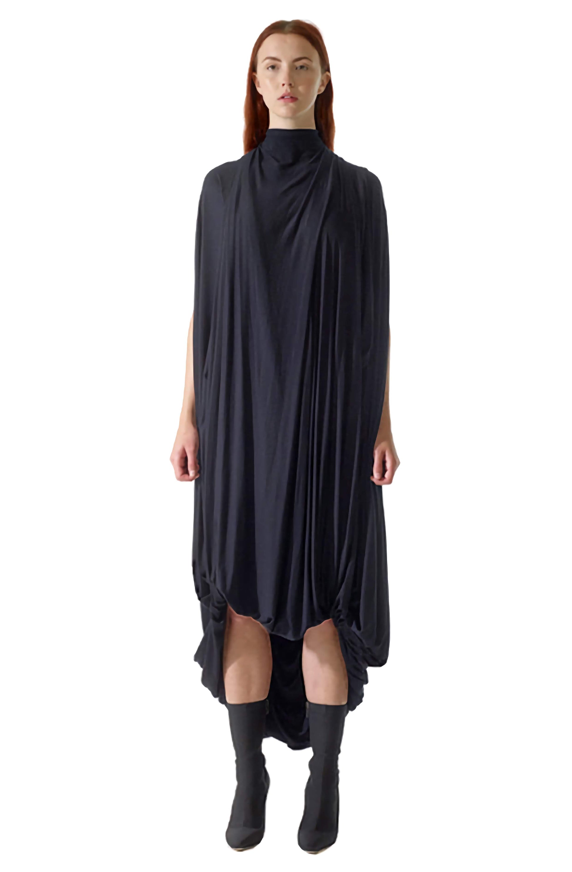 Long dramatic black draped dress in one size fits all, made with a unique zero waste sustainable design promoting slow fashion.