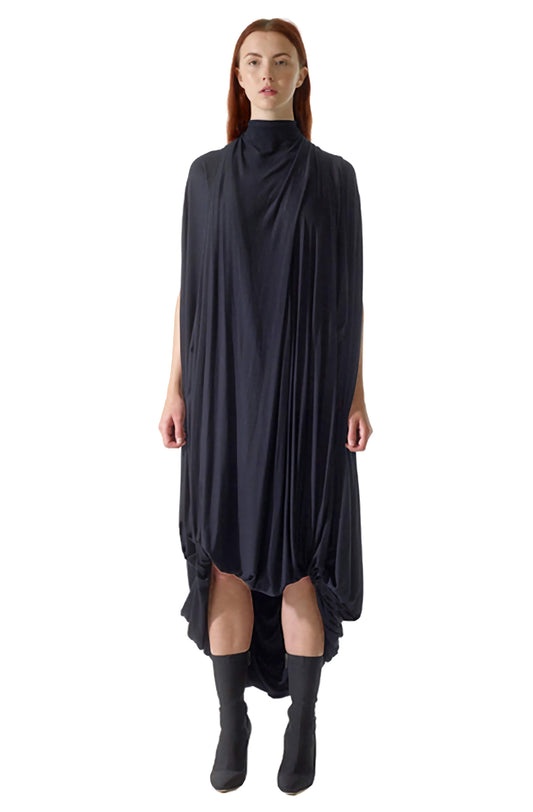 Long dramatic black draped dress in one size fits all, made with a unique zero waste sustainable design promoting slow fashion.