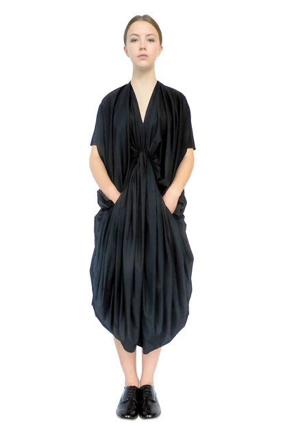 Zero-waste rosette dress with voluminous draping, sustainable luxury made-to-order in UK