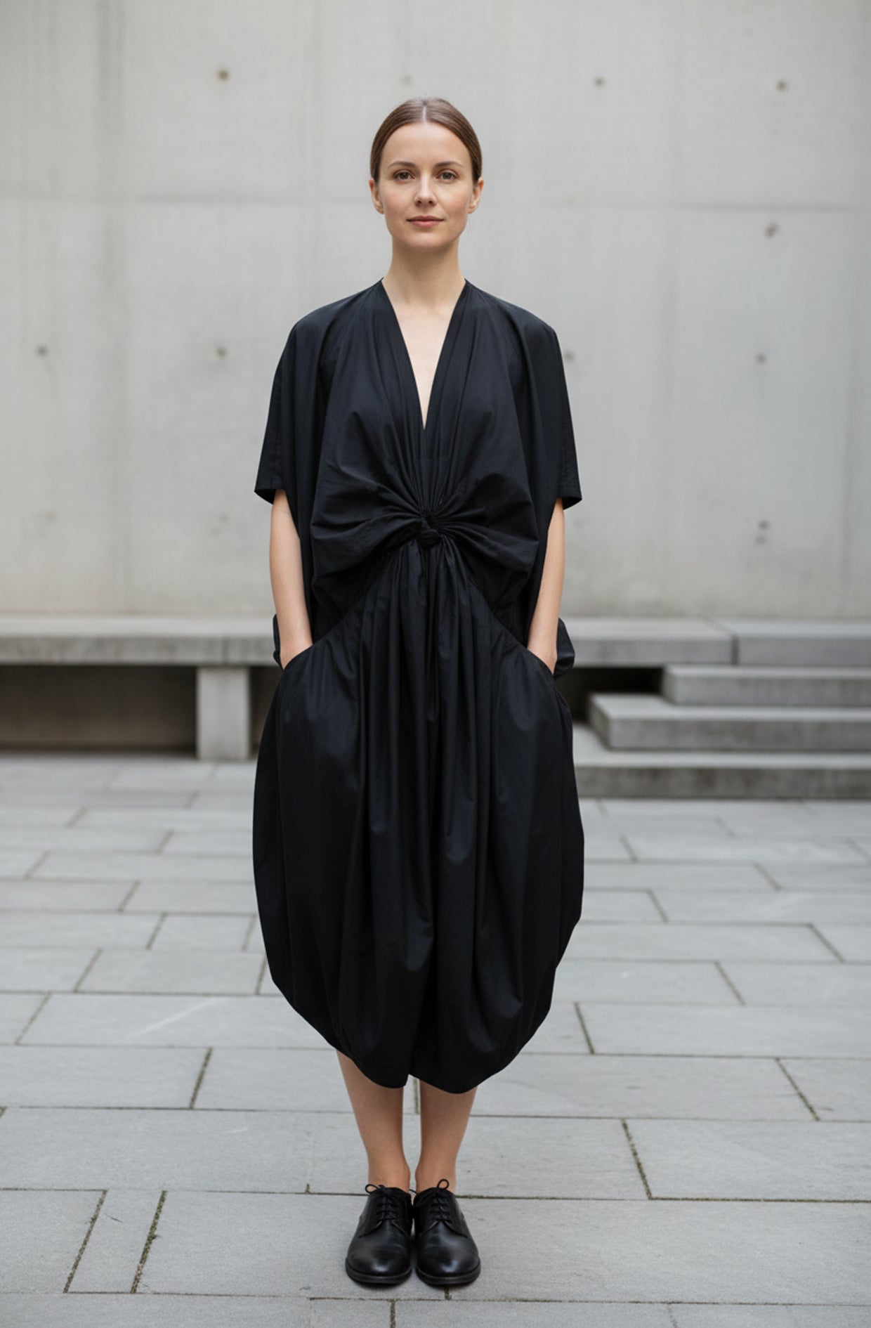 Black rosette dress zero waste sustainable design by Cunnington & Sanderson in Yorkshire