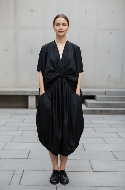 Black rosette dress zero waste sustainable design by Cunnington & Sanderson in Yorkshire