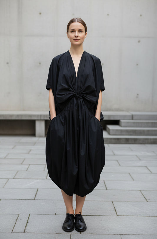 Black rosette dress zero waste sustainable design by Cunnington & Sanderson in Yorkshire