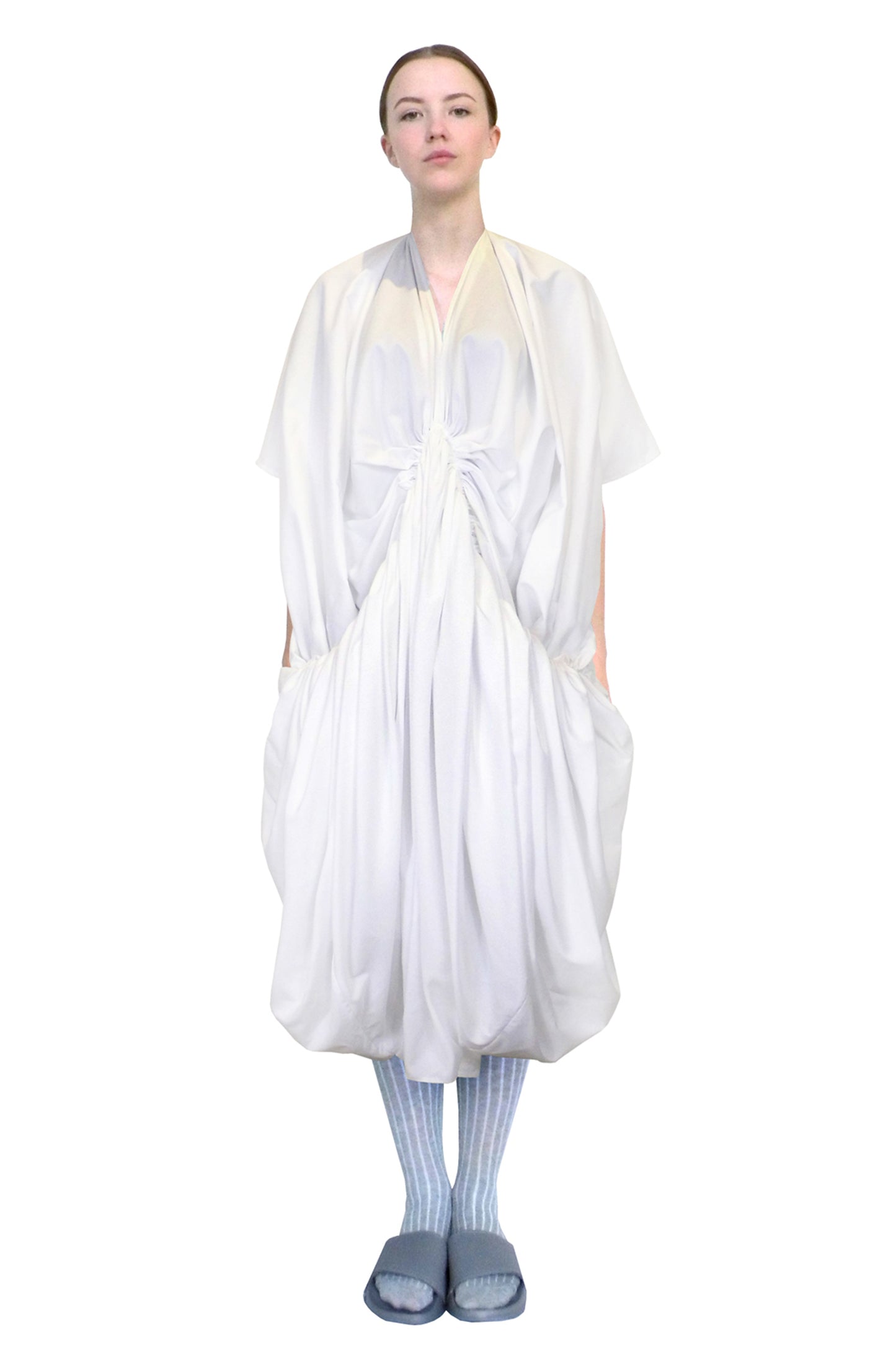 Zero waste white luxury rosette dress by Cunnington & Sanderson made in UK