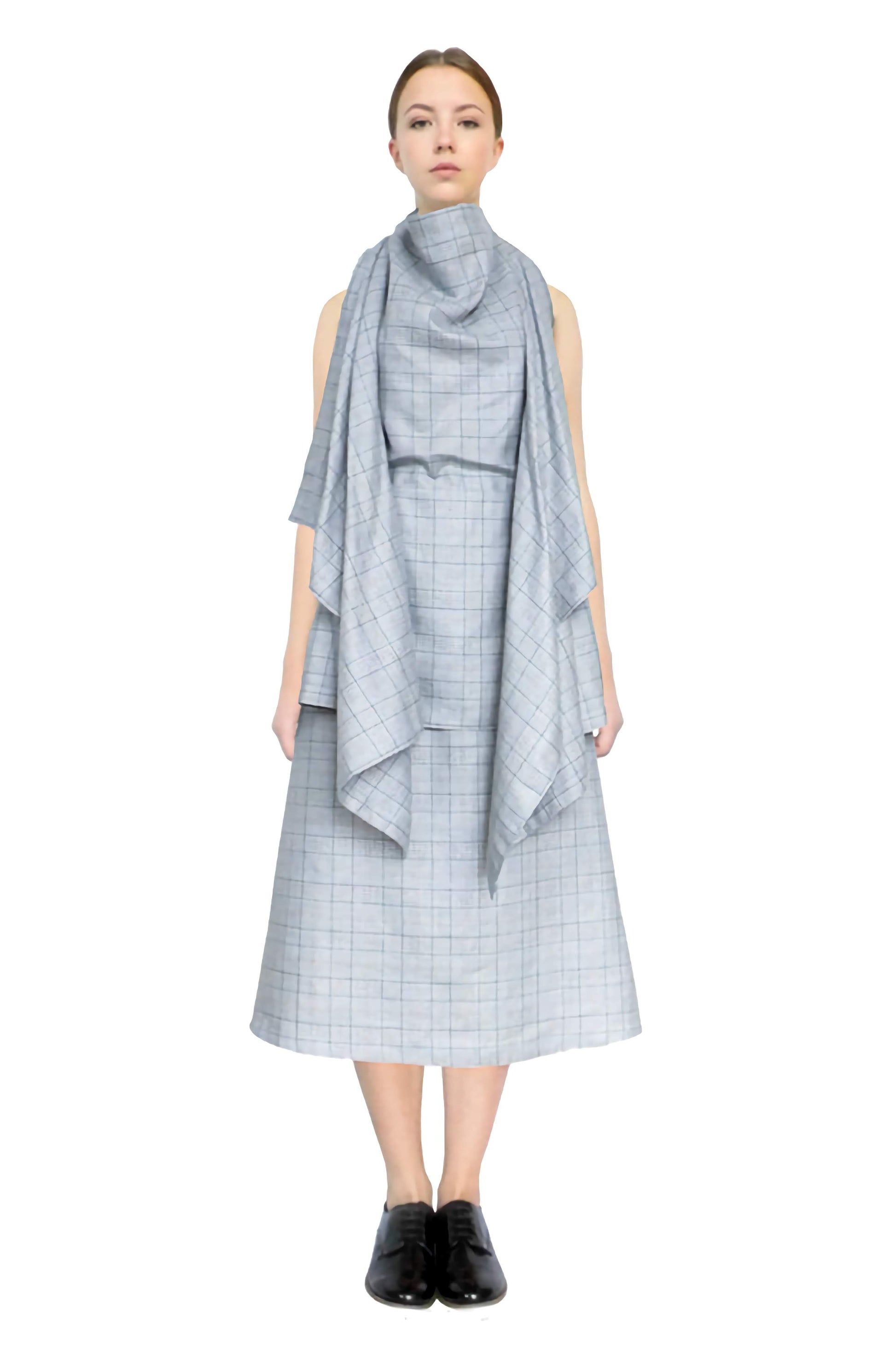 Halterneck womenswear style blanket top made in high quality plaid linen wool from Abraham Moon & Sons in Yorkshire.