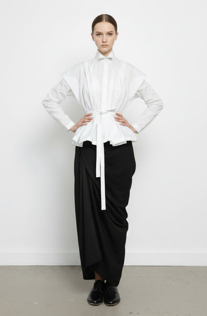 Solid black draped asymmetric midi skirt zero-waste, sustainable, made to order in the UK