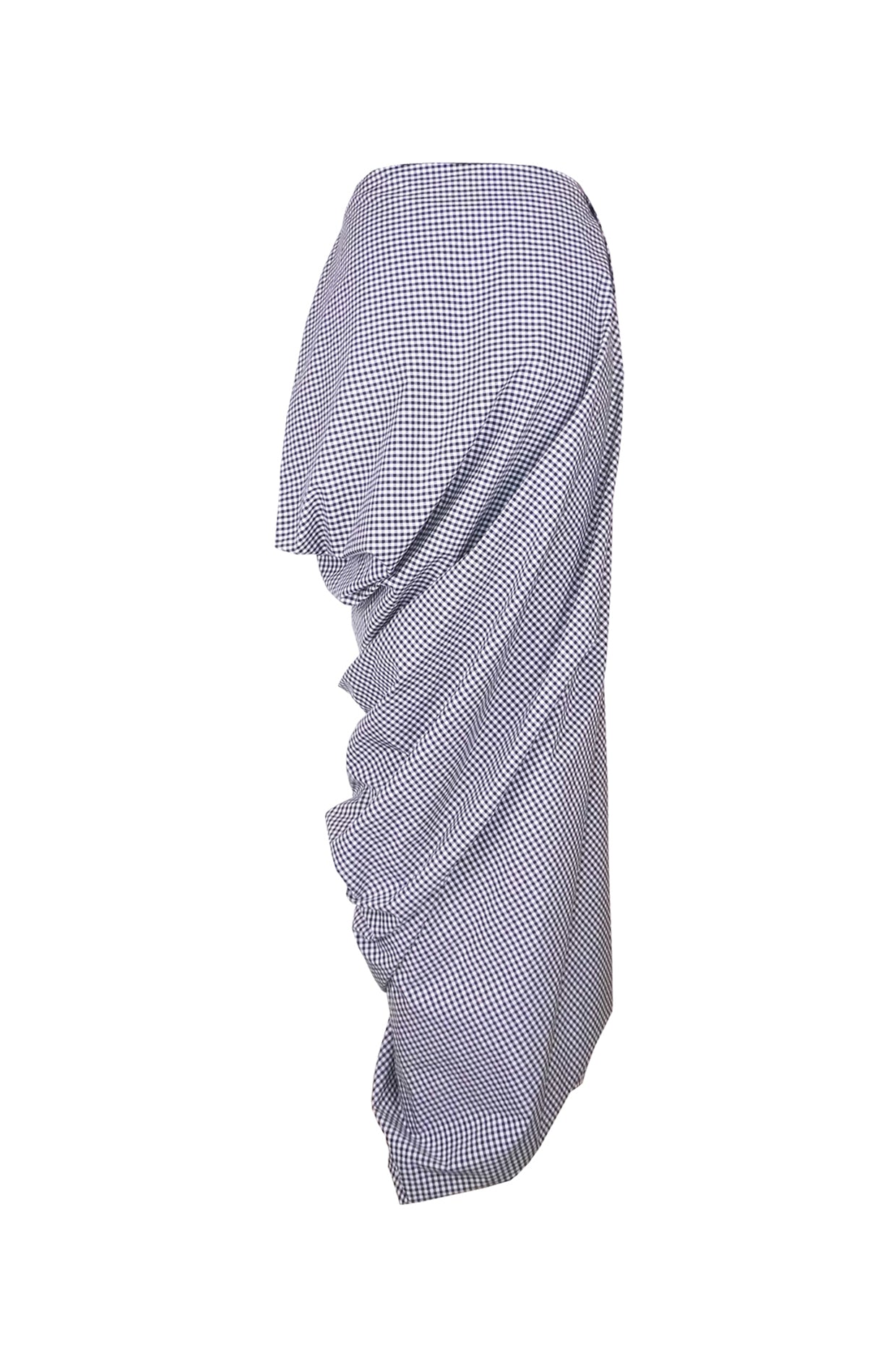Black and white gingham cotton maxi skirt, back view — zero-waste asymmetric drape, sustainable, made to order in the UK