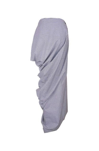 Black and white gingham cotton maxi skirt, back view — zero-waste asymmetric drape, sustainable, made to order in the UK