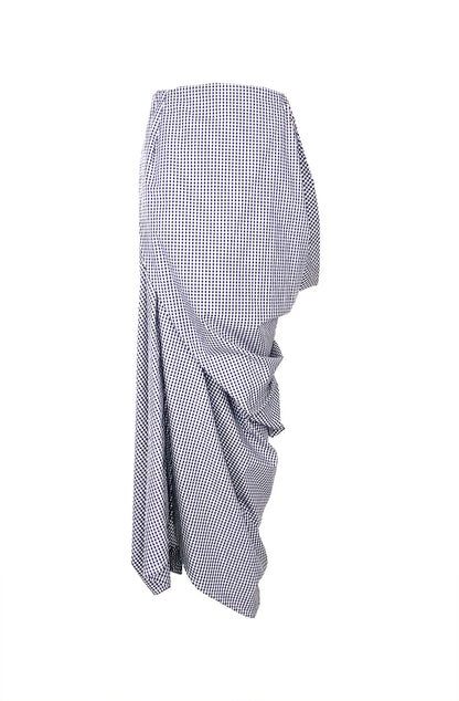 Black and white gingham cotton maxi skirt, front view — zero-waste asymmetric drape, sustainable, made to order in the UK