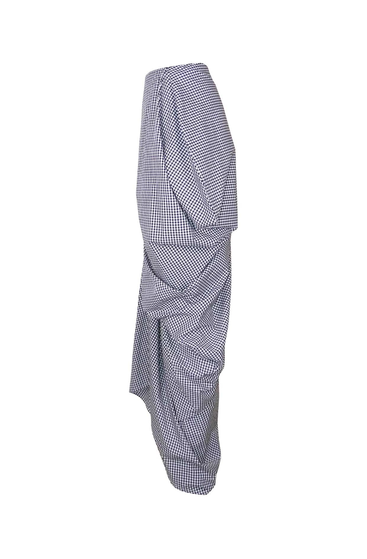 Black and white gingham cotton maxi skirt, left view — zero-waste asymmetric drape, sustainable, made to order in the UK
