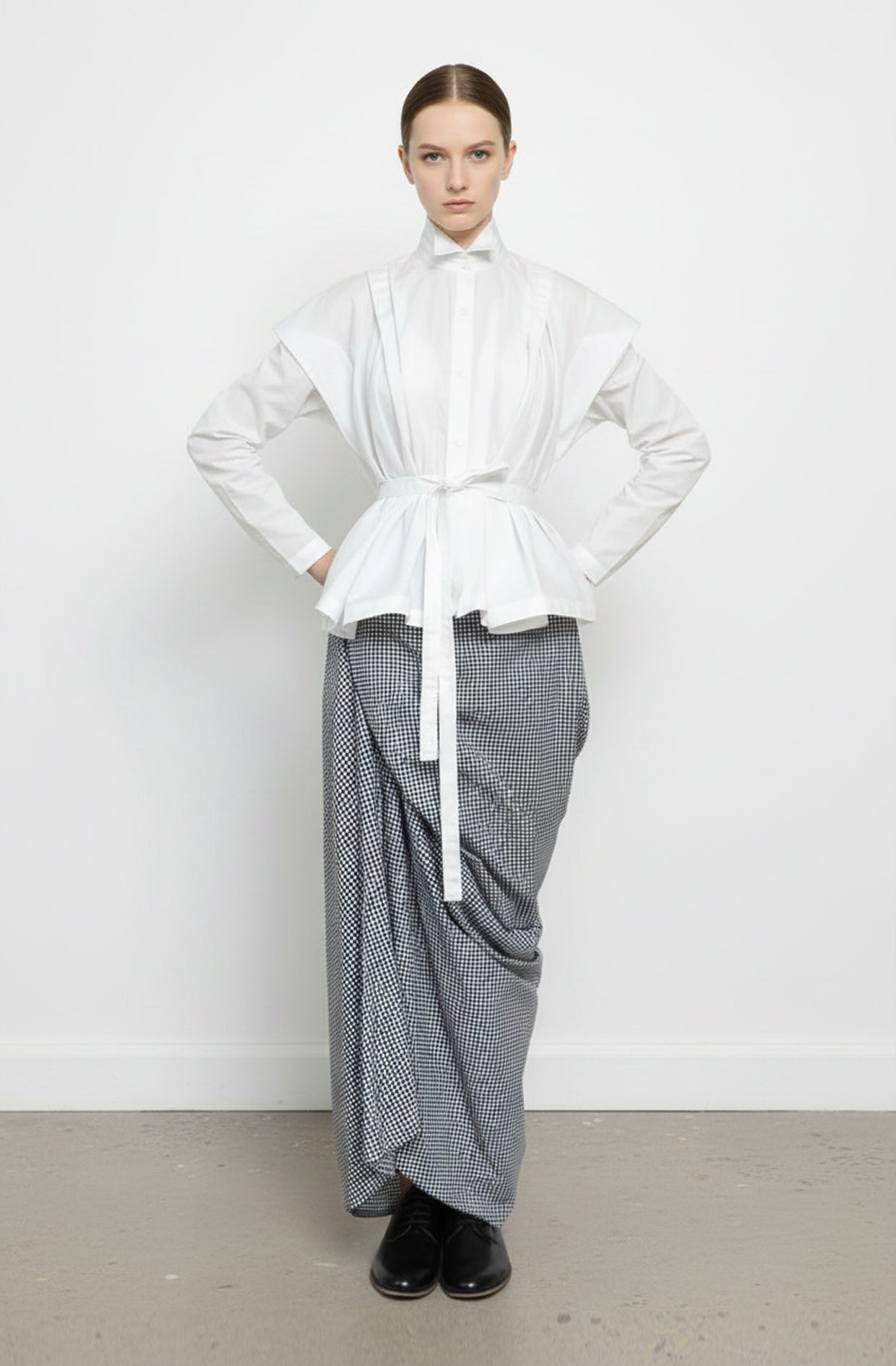 Gingham cotton midi skirt with asymmetric drape — zero-waste, sustainable, made to order in the UK