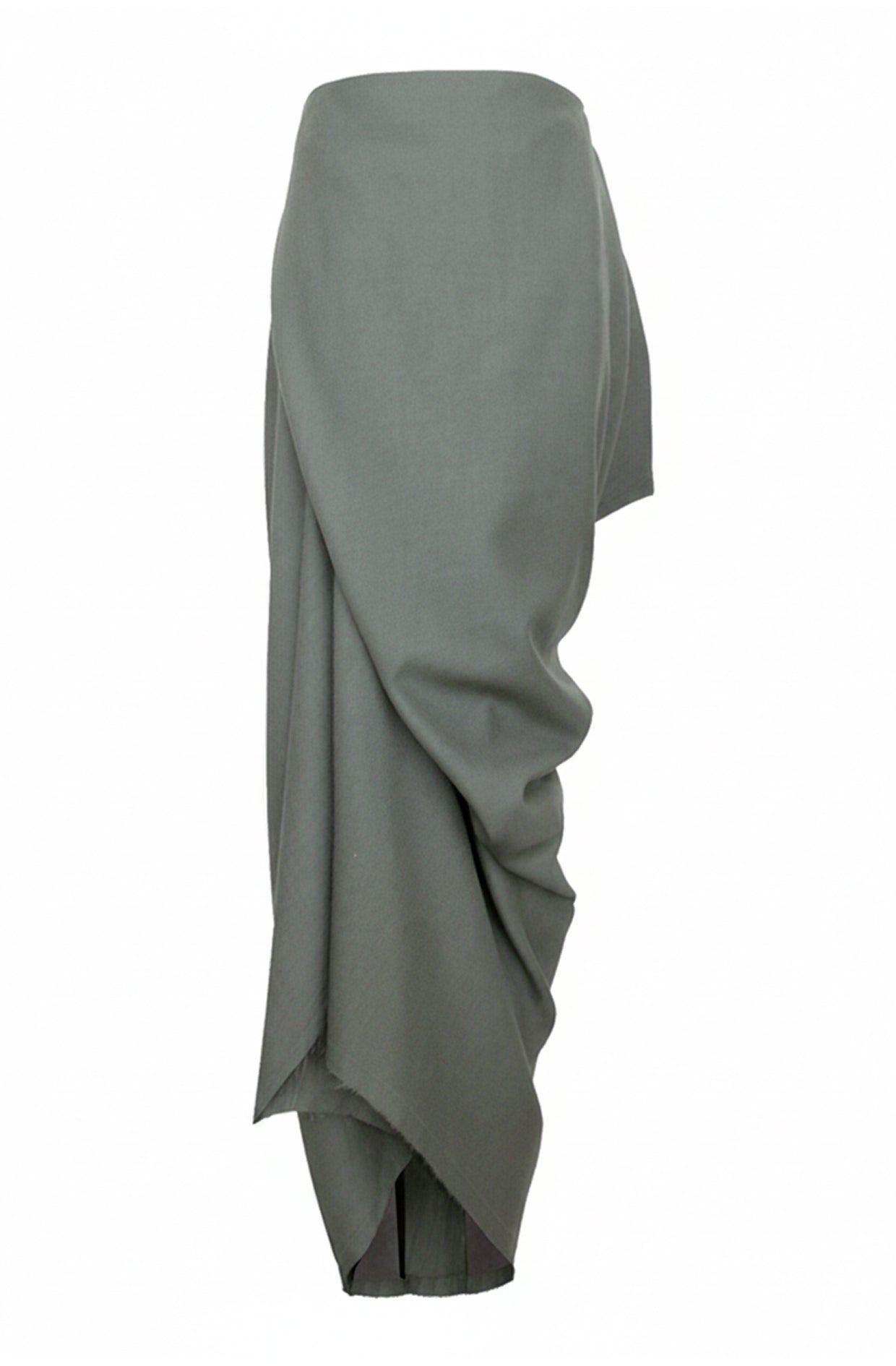 Secret zero waste drape maxi skirt grey in Yorkshire wool by Cunnington & Sanderson made in UK