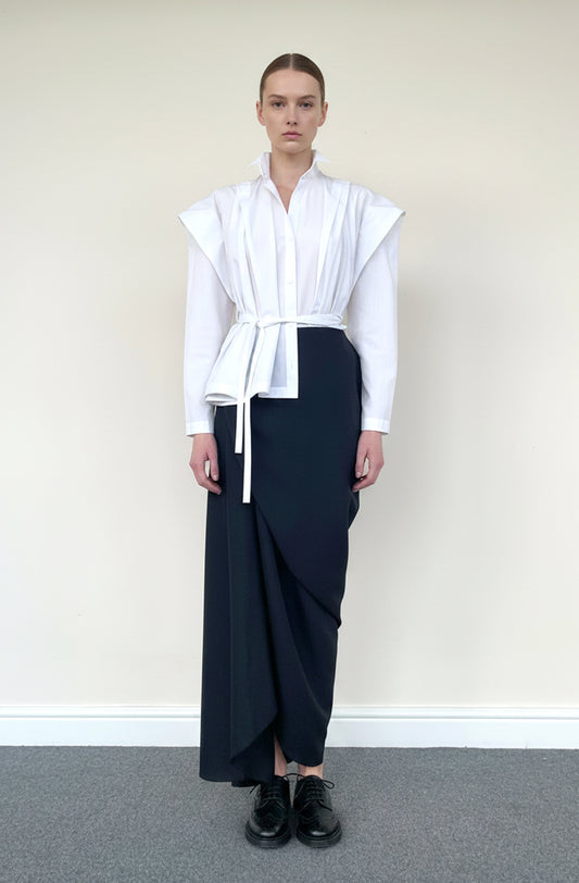 Avant-garde contemporary long wrap navy secret skirt, expressing timeless luxury fashion made to last and cherish from UK